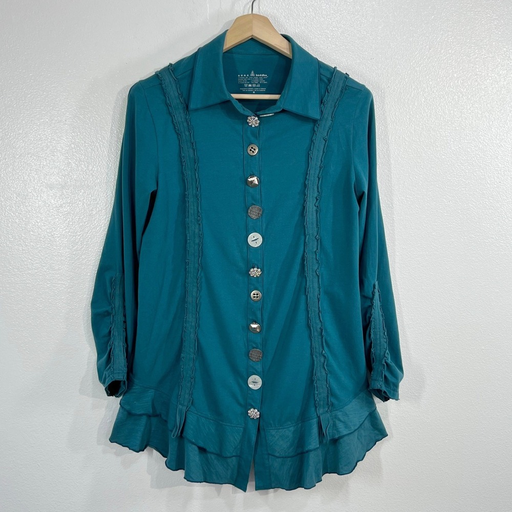 Neon Buddha Women Medium Teal Blue Mixed Mismatched Button Ruffle Tunic Cardigan